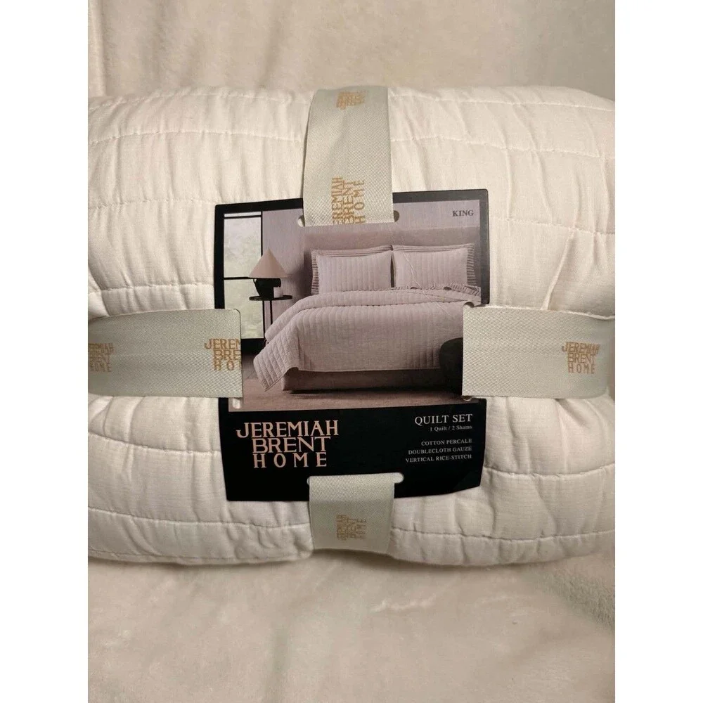 Jeremiah Brent King Channel Rice Stitch Gauze Quilt Set Cream